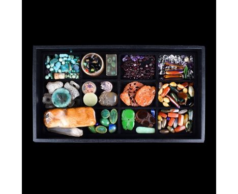 Lot of various hardstones. Many polished and drilled for jewelry making. Includes agate, turquoise, amethyst etc. Condition: 