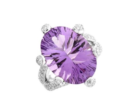 Approx. 20.0 Carat Oval Cut Amethyst, 2.0 Carat TW Pave Set Diamond and 14 Karat White Gold Ring. Amethyst measures 17mm x13m