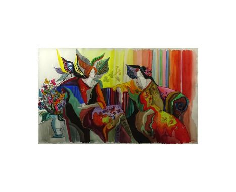 Contemporary 1980's Colorful Lithograph "Tea Time" In Custom Frame. Signed Patric. On Arches Paper. Full sheet measures 26" b
