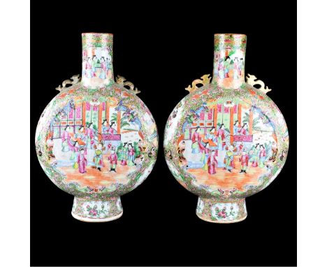 Large Pair of Chinese Export Rose Medallion Porcelain Moon Flask Vases with Mock Foo Dog Handles. Unmarked. Busy floral motif