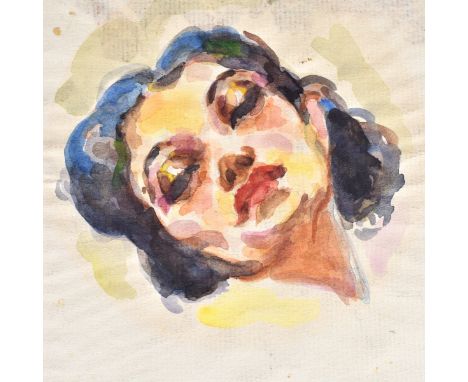 Dox Thrash, American (1893-1965) Watercolor on paper affixed to card "Portrait Of A Woman". Measures 6" x 5", mat measures 13