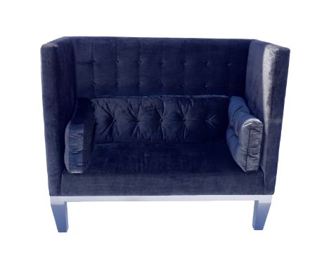 Mid Century Modern Black Suede High Back and Winged Tufted Love Seat. Measures 46-1/2" x 53-1/2" x 26-5/8". From the Jupiter 