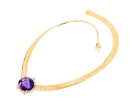 Vintage Approx. 20.0 Carat Oval Cushion Cut Amethyst, 1.50 Carat Round Brilliant Cut Diamond and 14 Karat Yellow Gold Omega N