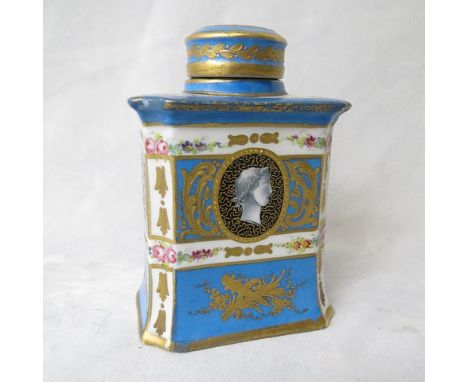 A 19th century Sevres porcelain tea caddy having a blue glazed ground, gilt borders and foliate designs with a cameo portrait