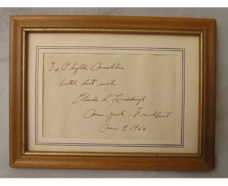 Charles A Lindbergh (1902-1974), a signed autograph on paper mounted in a later frame, the inscription reading 'To Phyllis Ma