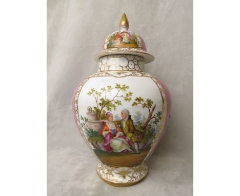 A late 19th century Dresden porcelain vase and cover decorated with alternate panels of figures in landscape scenes and flowe