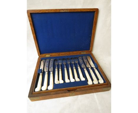 A canteen of 18th century pistol handled silver plate and mother of pearl fish knives and forks
