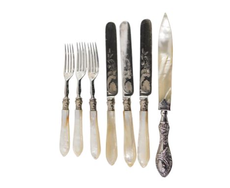 Three silver collared and mother of pearl handled fish knives and forks, and a silver handled Edward VII mother of pearl blad