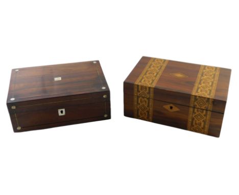 Two 19thC mahogany stationery boxes, one with marquetry and boxwood inlay, 11cm high, 25cm wide, 16cm deep, with partially fi