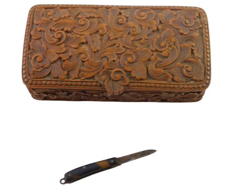 A Victorian carved boxwood table snuff box, with scroll decoration, and a miniature tortoiseshell and stainless steel pen kni