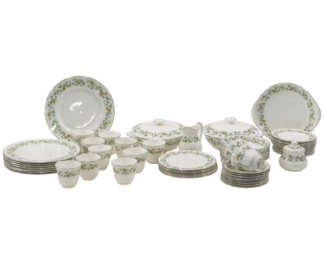 A Royal Doulton Ainsdale pattern part tea and dinner service, comprising two tureens and covers, cake plate, milk jug, sugar 
