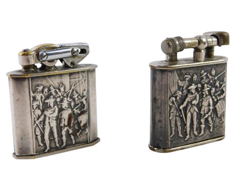 Two pocket lighters, comprising a Lire Dorgento warrior cased lighter, and a KW DRP of Germany lighter, white metal figures, 