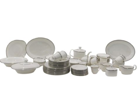 A Royal Doulton Platinum Concord part dinner service, on white ground with silvered border, comprising three tureens, two wit