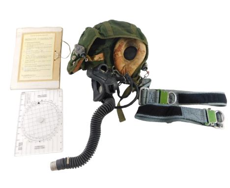 An RAF cloth helmet, 22c, size 3, with respirator, leg straps, and navigation protractor. (ex Flight Lieutenant Crawford, Vul