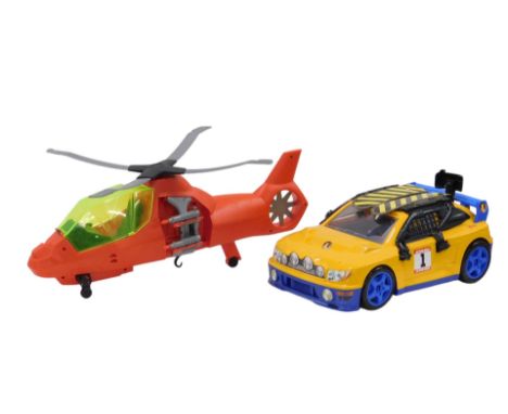 An Action Man orange helicopter, and yellow car with racing figure. (3)