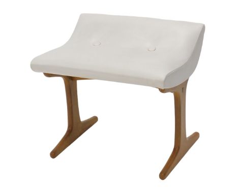 A 1970s dressing table stool, possibly by Schreiber, with white button upholstered vinyl seat and teak under frame.