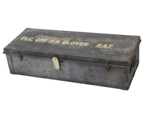 A mid 20thC black Japanned steel trunk, with carrying handles, the hinged lid inscribed FLG. OFF. RB Glover RAF, 107cm x 44cm