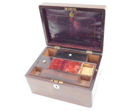 A Victorian rosewood work box, with hinged lid in mother of pearl plaque, and mother of pearl key escutcheon, the interior fi