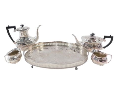 20thC silver plated wares, comprising an EPNS four piece tea and coffee service, each with ebonised handles, and fluted body,