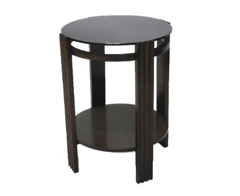 A 1930s style oak circular occasional table, with black vitrolite circular top, reeded legs with under shelf, 45cm diameter, 