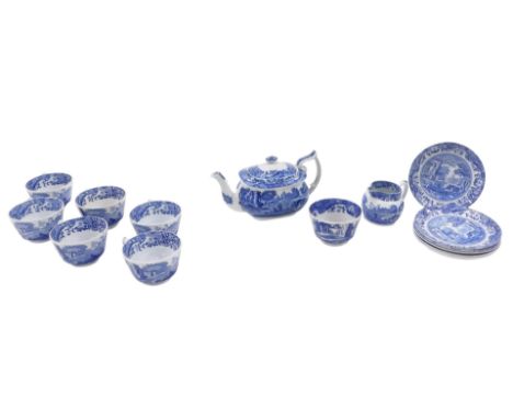 Spode blue and white Italian pattern wares, comprising six teacups and saucers, milk jug, sugar bowl, and teapot.