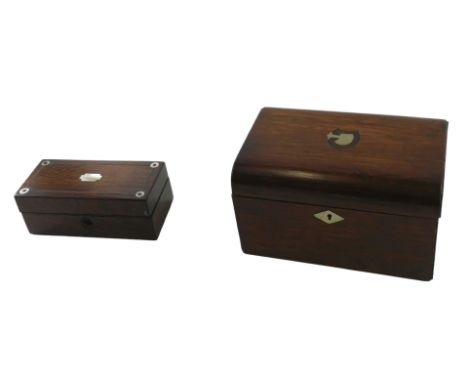 Two 19thC boxes, comprising a mahogany tea caddy, the top inset with mother of pearl, with partially fitted interior, 11cm hi