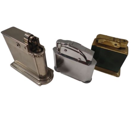 Three table lighters, comprising a Rowenta chrome engine engraved lighter, 11cm high, and a Myon lighter, with two cross shie