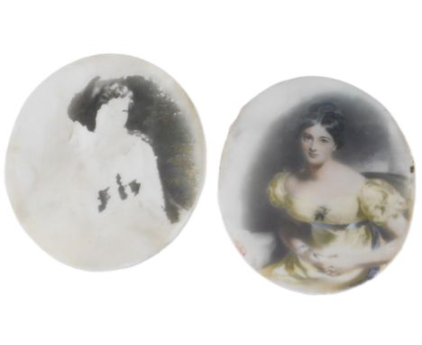 Two 20thC portraits, each on ceramic back, over painted with watercolour, one depicting female in yellow dress, 10cm x 9cm, a