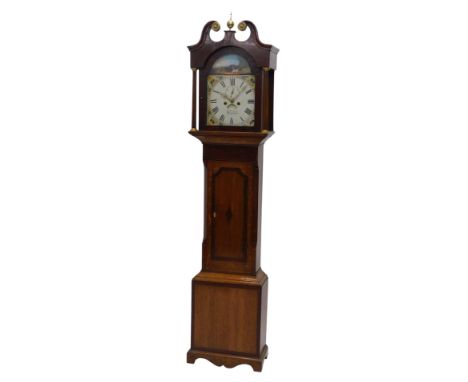 A George III longcase clock by R Wilson of Lincoln, the painted arch dial with hunting scene to the arch, painted floral span