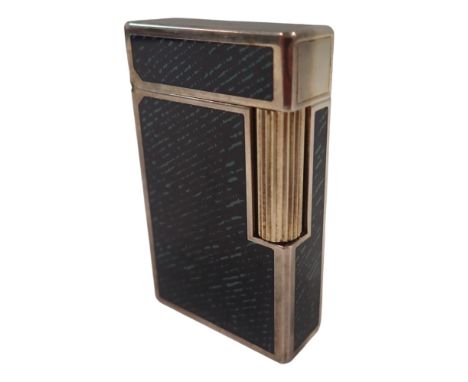 A SL Duport French lighter, with a blue and green enamel case, white metal stamped sterling.