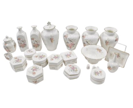Royal Doulton Mystic Dawn pattern wares, comprising three baluster vases, jar and cover, dressing table wares, pin dish, thim