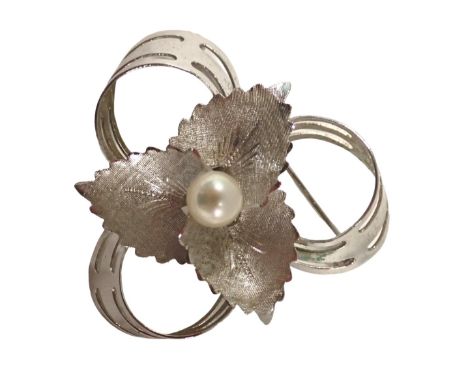 An Italian floral brooch, of pierced three cross decoration, with three central leaves and cultured pearl, white gold stamped