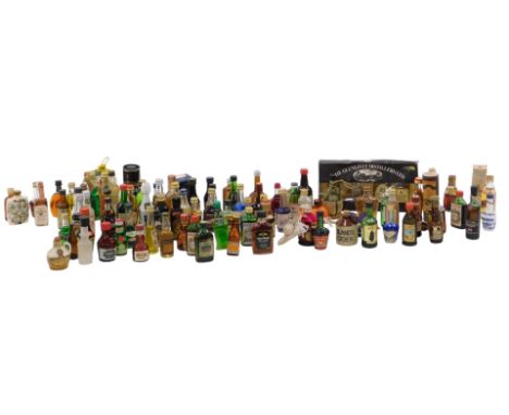 Alcohol miniatures, including Glenfiddich whisky, Taylor's port, rum, Dubonnet, Glen Morangie whisky, etc., approximately one