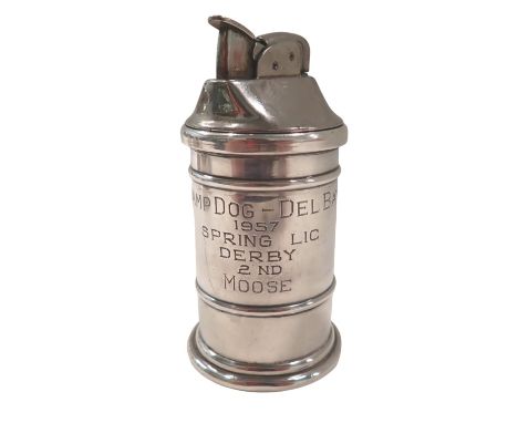 A reverse silversmiths table lighter, with Evans lighter top, in a white metal case, stamped sterling, inscribed Swamp Dog - 