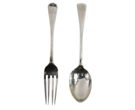A Victorian child's cased fork and spoon set, with Old English pattern handles, bearing the initials DB, London 1898, 1.87oz,