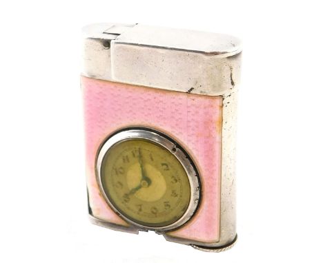 A Brevez French enamel pocket lighter, with pink enamel and clock face, in white metal casing stamped 935, 4.5cm high.
