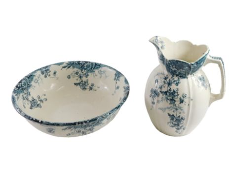 Staffordshire pottery jug and bowl set, with transfer printed trailing flower head and foliage designs in blue, back stamp, m