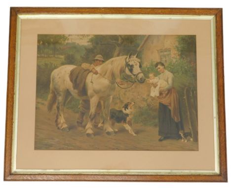 An early 20thC coloured lithograph in the style of Arthur Elsley, rural scene with horse and figures outside cottage, 35cm x 