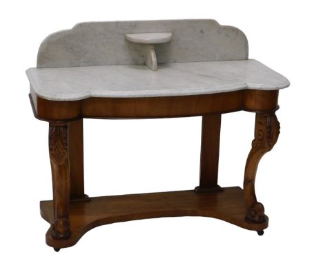 A Victorian Duchess mahogany wash stand, with shaped grey and white marble top with splash back and shelf, plain frieze below