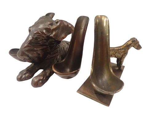 Two Ronson dog ash trays, comprising a single dog on rectangular base, with shaped ash bowl, 9cm high, 10cm wide, 3cm deep, a