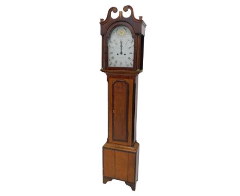 A mid 19thC longcase clock by C. Johnson, Grantham, the painted arched dial with Roman numerals, eight-day movement, in oak a