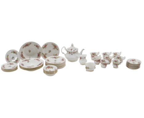 Royal Albert Moss Rose tea and dinnerware, including teapot, eight cups and eight saucers, dessert bowls, soup bowls, side pl