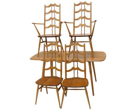 An Ercol elm and beech dining room suite, comprising rectangular table, and a set of four bat's wing ladder back chairs, incl