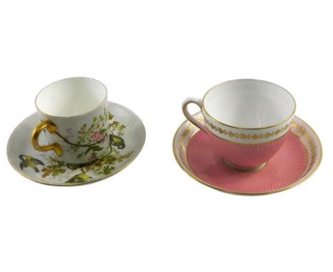 Two 20thC cups and saucers, comprising a Coalport swallow painted and gilded cup and saucer, and a Spode pink and gilt ground