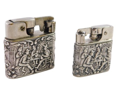 Two pocket lighters, comprising a Mylflam pocket lighter, with silver Dutch style case, of playing figures, with Continental 