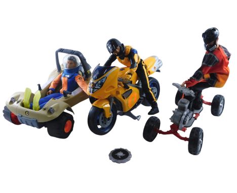 Three Action Man figures, a beige dune buggy, diver and mask Action Man, yellow bike, and red motorised skateboard. (3)