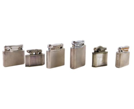 Five engine engraved cased lighters, comprising four Colibre Monogas, each bearing lion pattern stamp, and two Elisorn &amp; 