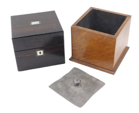 A Victorian rosewood box, with mother of pearl inlay, with satinwood veneered interior, and padded lining to the lid, 13.5cm 