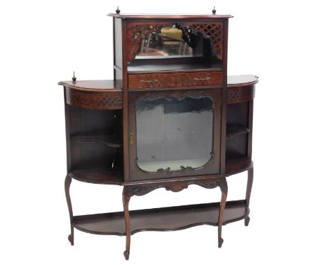 A 20thC mahogany side cabinet, with mirror back and open upper section, fitted with a drawer and glazed cabinet below to the 