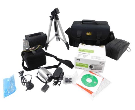 A group of camera equipment bags, to include CamLink Apollo, LowePro, empty JVC box, Tamrac tripod, and others. (1 tray)